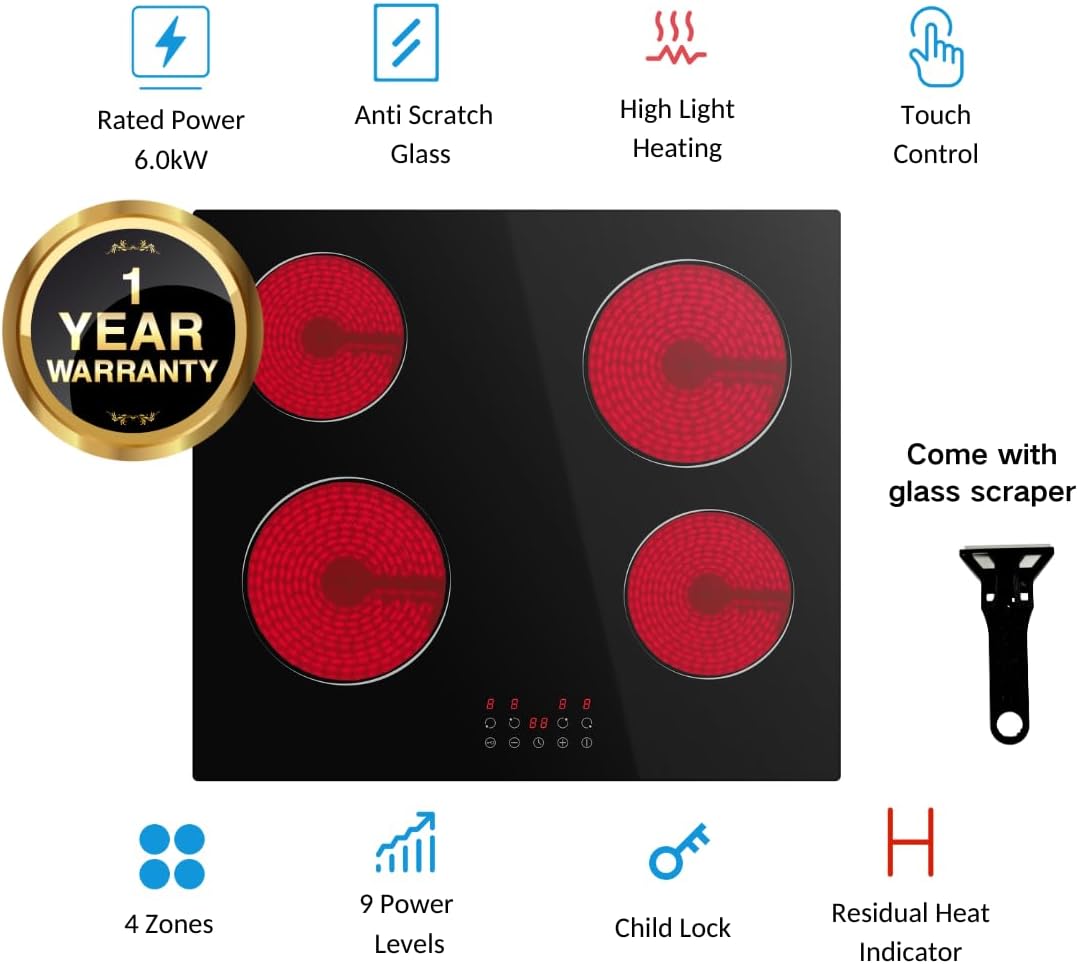 Built-in Ceramic Hob 4 Burners, STARCHARTS Electric Hob, 4 Zones Cooktops with Total Power 6000W, Timer, Child Lock, Black Glass - Image 2