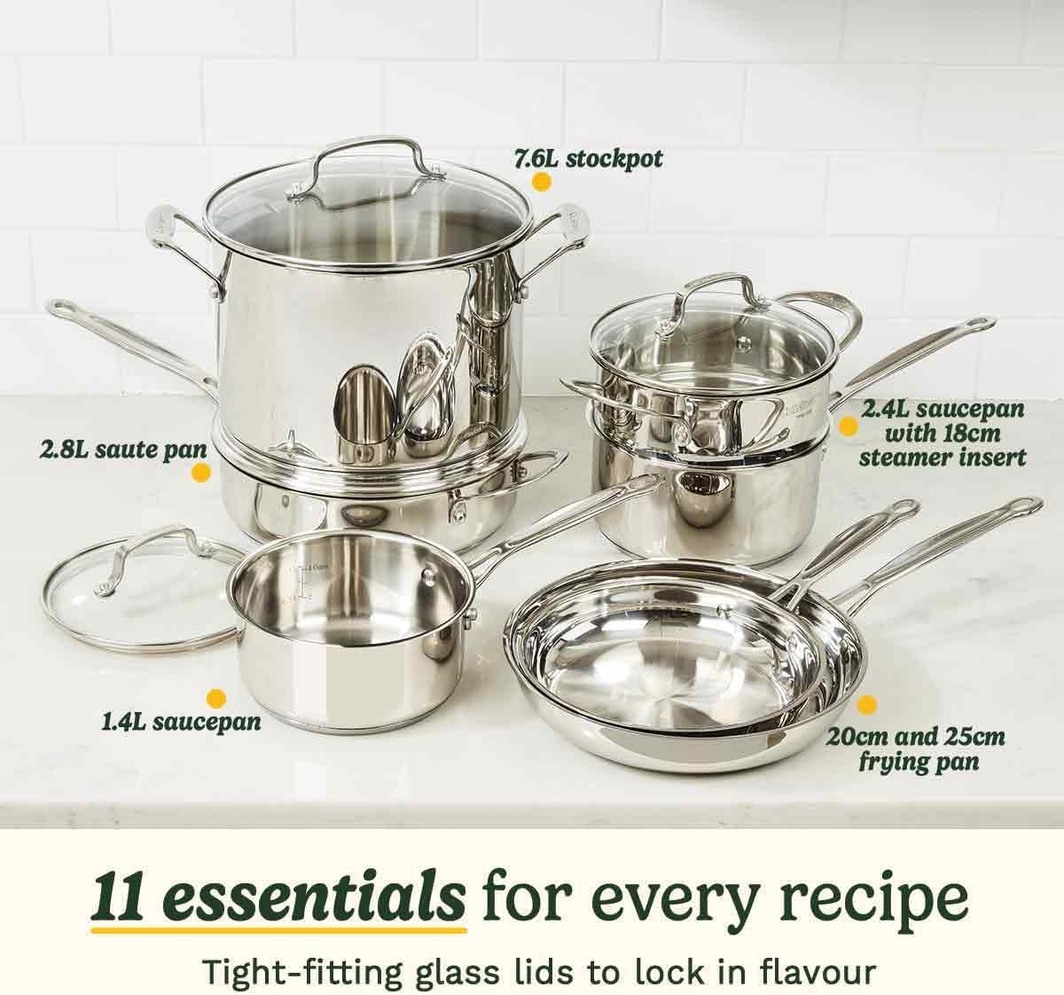 Cuisinart® Chef’s Classic™ Stainless Steel Cookware Set | 11-Piece: Saucepans, Frying Pans, Stockpot, Steamer | Induction-Ready, Aluminium-encapsulated Base | Cool Grip™ Handles - Image 2
