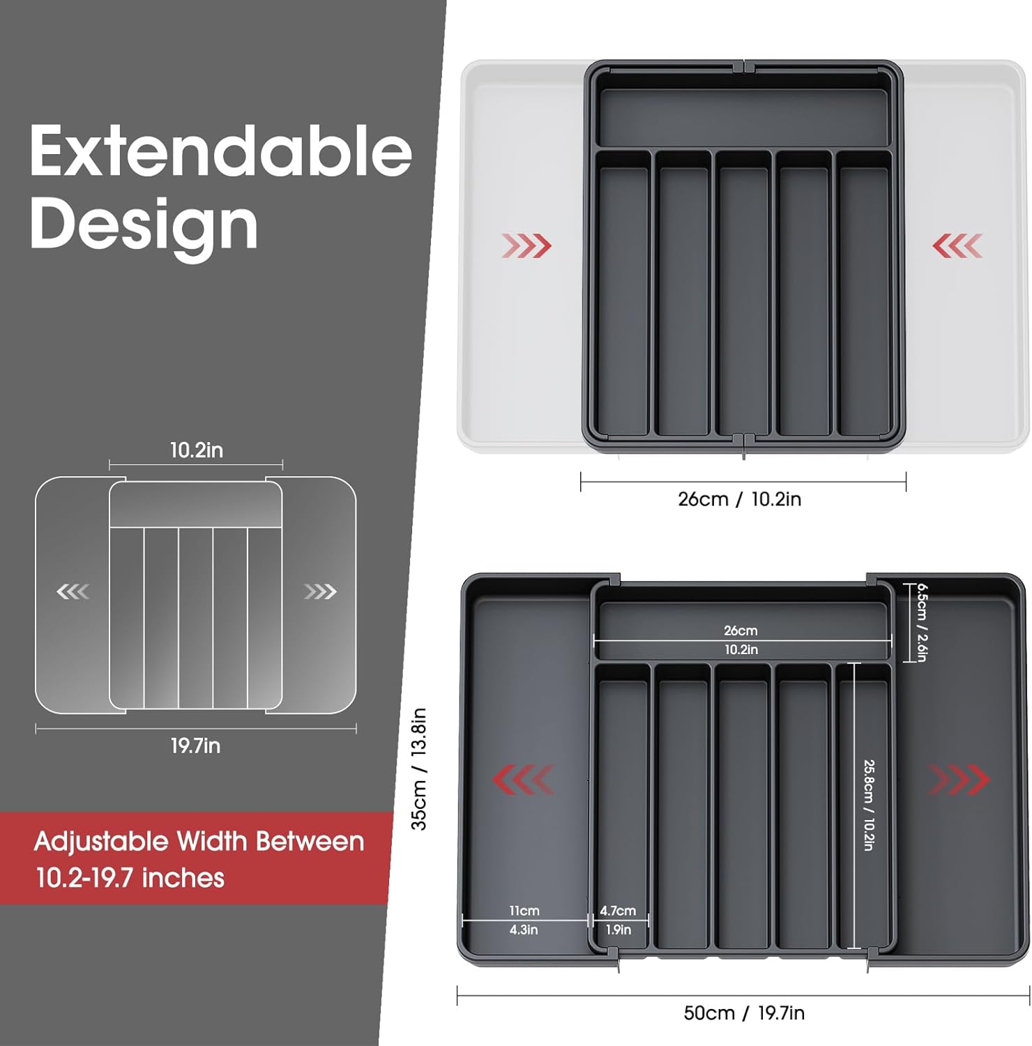 Aujen Cutlery Drawer Organiser - Expandable Kitchen Drawer Storage Organiser, Adjustable Cutlery Tray, Multipurpose Utensil Organisation for Forks, Knives, Black, 34 x 4 x 26~50 cm - Image 5