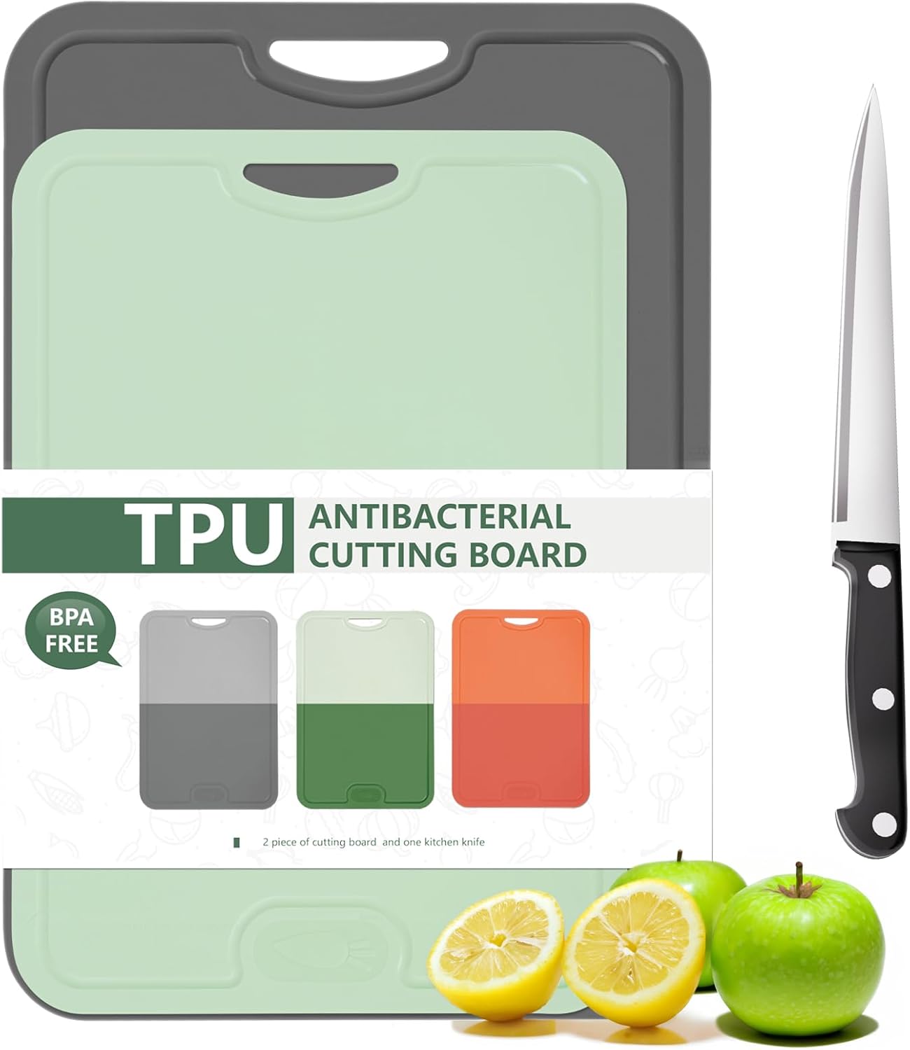 Gintan Flexible TPU Chopping Board, BPA Free with Knife and Juice Groove, Scratch Resistant Flexible Chopping Boards for Kitchen, Dishwasher Safe, Grippy Handle, Non-Slip(M-Dark Grey + S-Green)