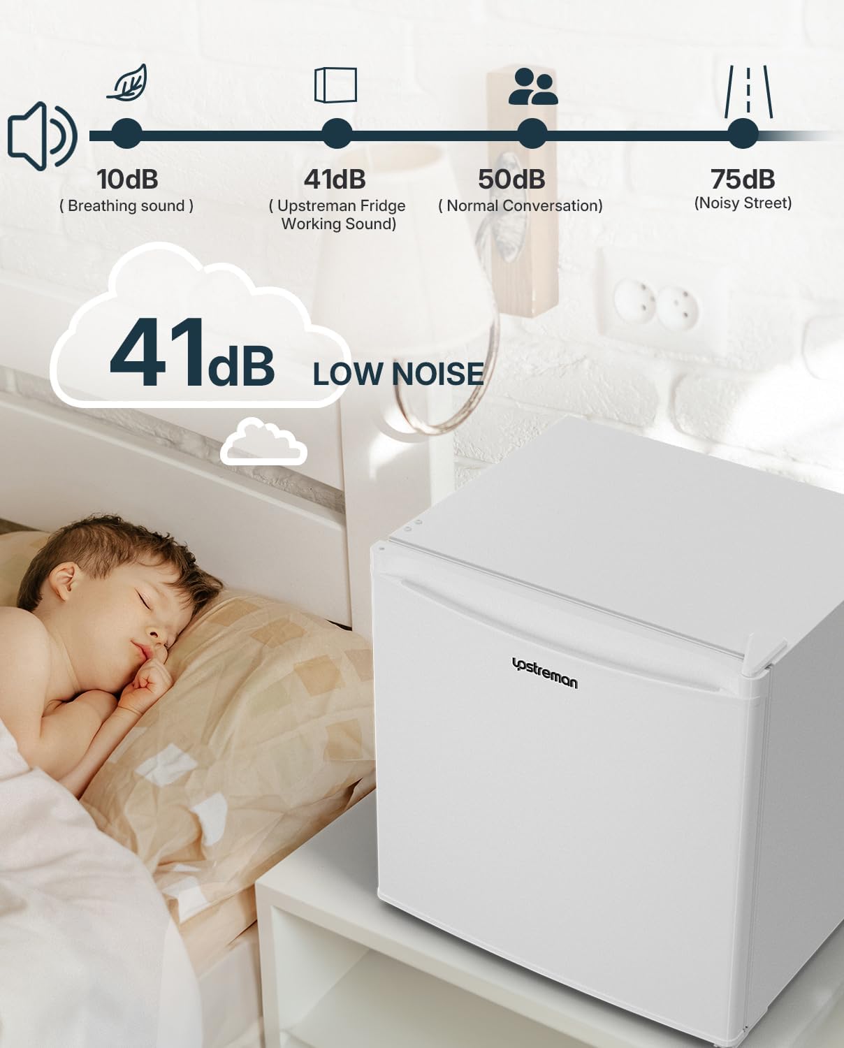 Upstreman Mini Fridge 46L, Table Top Fridge, Adjustable Thermostat, Energy Saving, Low Noise, Single Door Compact Refrigerator for Dorm, Compact Wine&Beers Cooling, White - Image 5