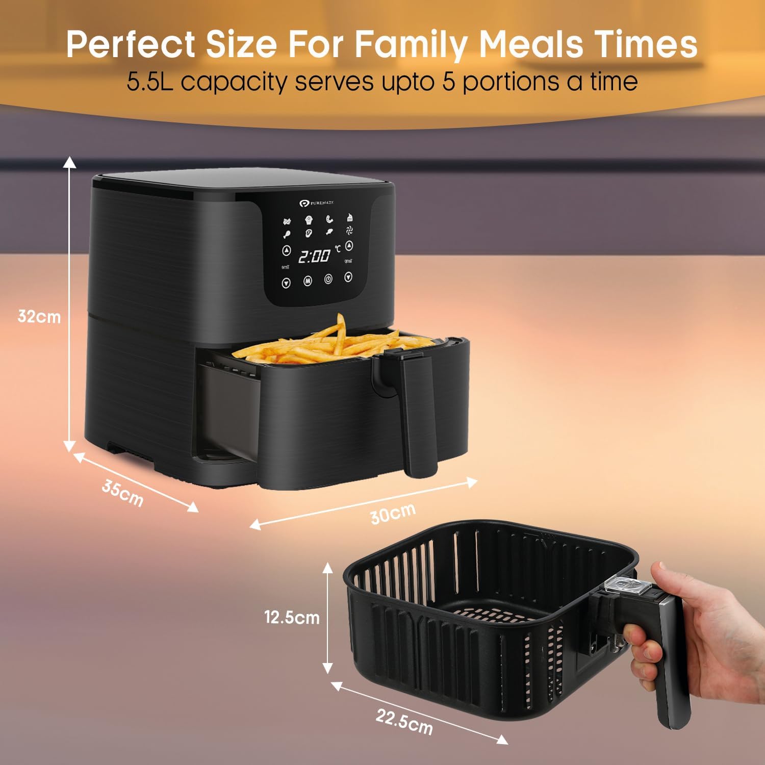 PureMate Air Fryer with Digital Display & Recipes Book, 5.5L Healthy Oil Free 1700W Air Fryer with 7 Preset, LED One Touch Screen, Timer & Adjustable Temperature Control - Image 2
