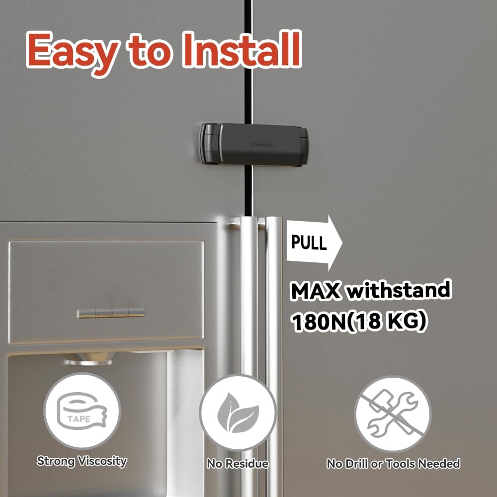 EUDEMON Latest French Fridge Lock French Door Refrigerator/Freezer Lock Apply to Max 3.54"(90mm) Two Door Gap Distance for Kids & Babies,Easy to Install no Tools Need or Drill (Black, 2 Pack) - Image 3