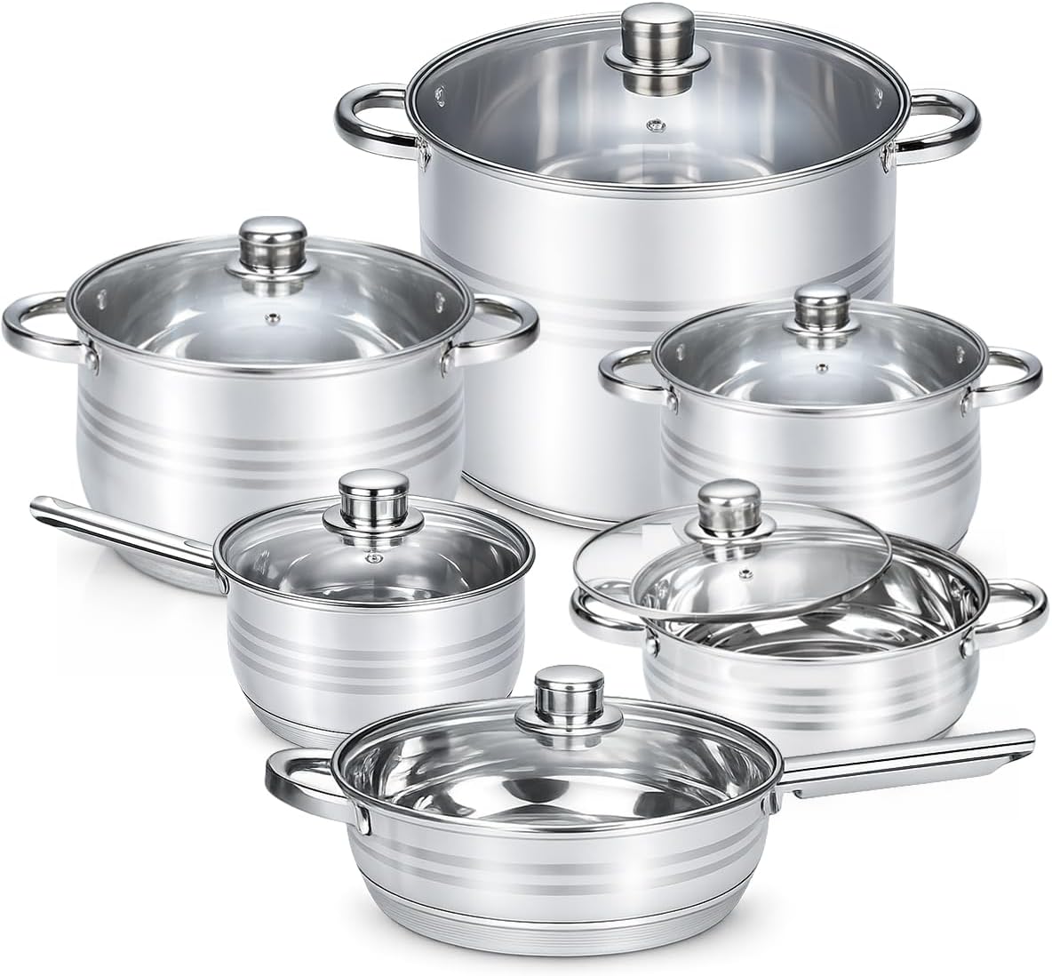 12 Pcs Stainless Steel Pots and Pans Set - Induction Compatible Cooking Pots & Pans with Glass Lids - Casserole, Frypan, Saucepan, and Stockpot Set Dishwasher Safe Kitchen Cookware Set