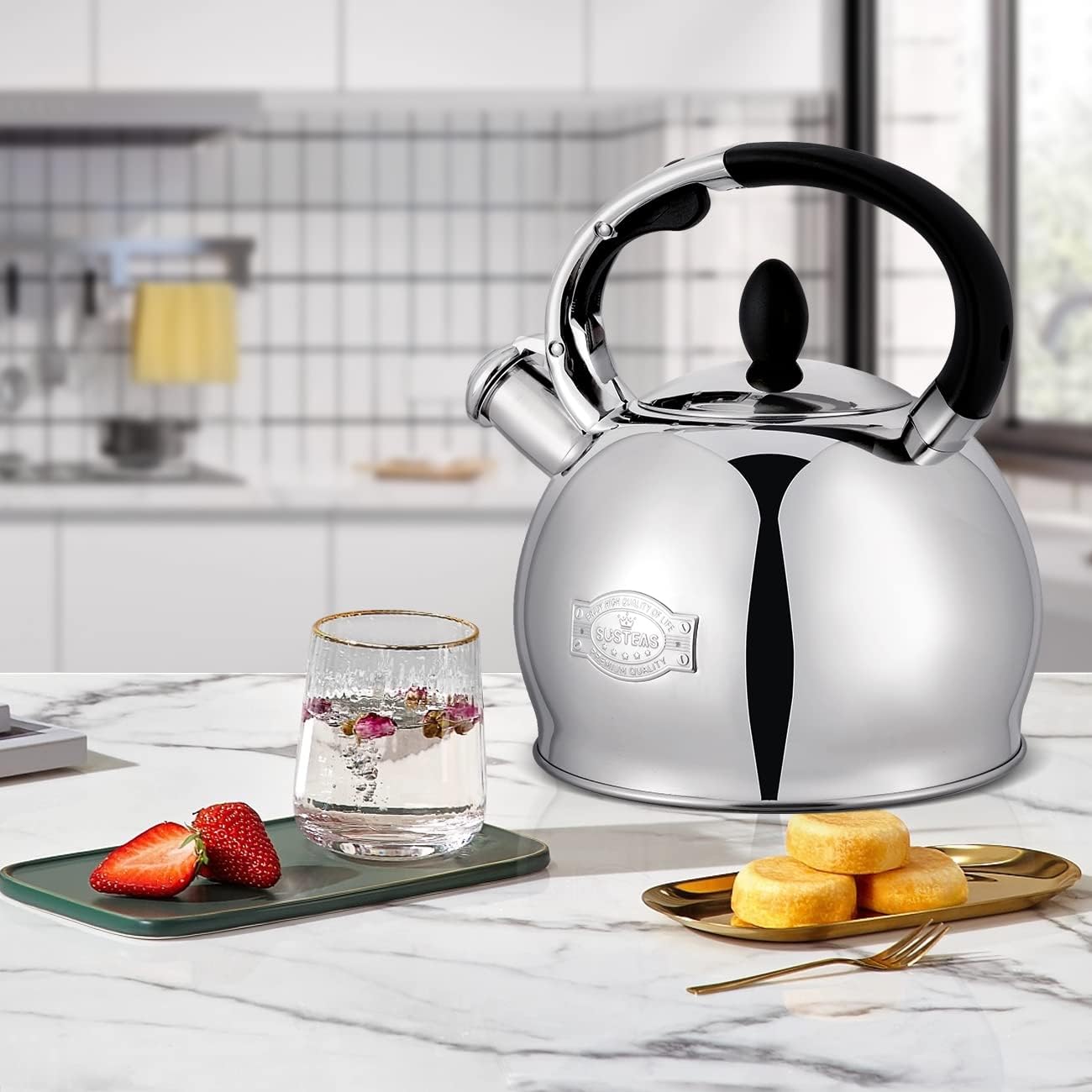 SUSTEAS Stove Top Whistling Tea Kettle-Surgical Stainless Steel Teakettle Teapot with Cool Touch Ergonomic Handle, with 1 Silicone Pinch Mitt Included,3L (Silver) - Image 8