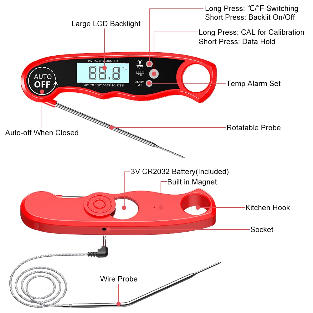 CIRYCASE Meat Thermometers, Fast & Precise Read Food Thermometer with 102cm Wire Probe, Backlight LCD Display, Digital Thermometers, BBQ Thermometer for Kitchen, Outdoor Cooking, Liquid & Grill - Image 7