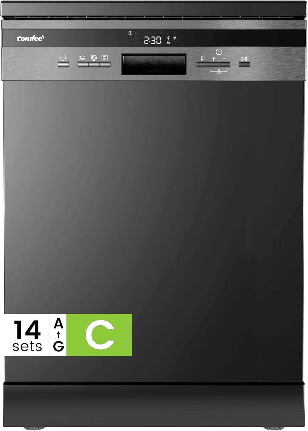 COMFEE' Freestanding Dishwasher CDWEF1435EBC-UK with 14 place settings, Full Size, Whisper Quiet 44dB, Wide LED Display, Delay Start, Half Load Function, Flexible Racks, Black