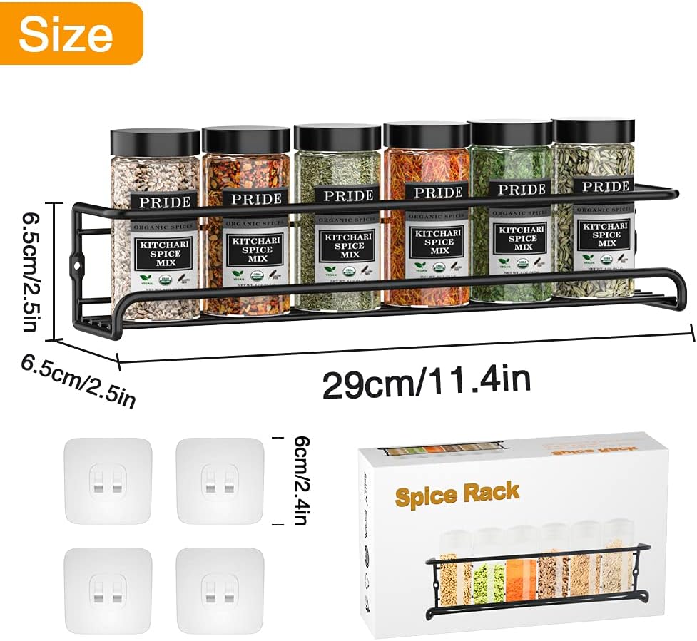 Spice Racks Organiser - 4 Tier Hanging Stainless Steel Wall Mounted with Adhesive Stickers & Screws Kitchen Pantry Shelf for Spices and Condiments, Jars (Black) - Image 5