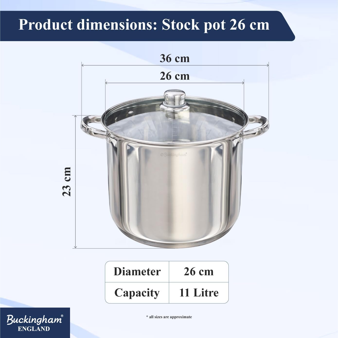 Buckingham Deep Induction Stock Pot with Glass Lid Premium Stainless Steel Multipurpose Large Cooking Pot for Soups Stews (11 litres) - Image 2