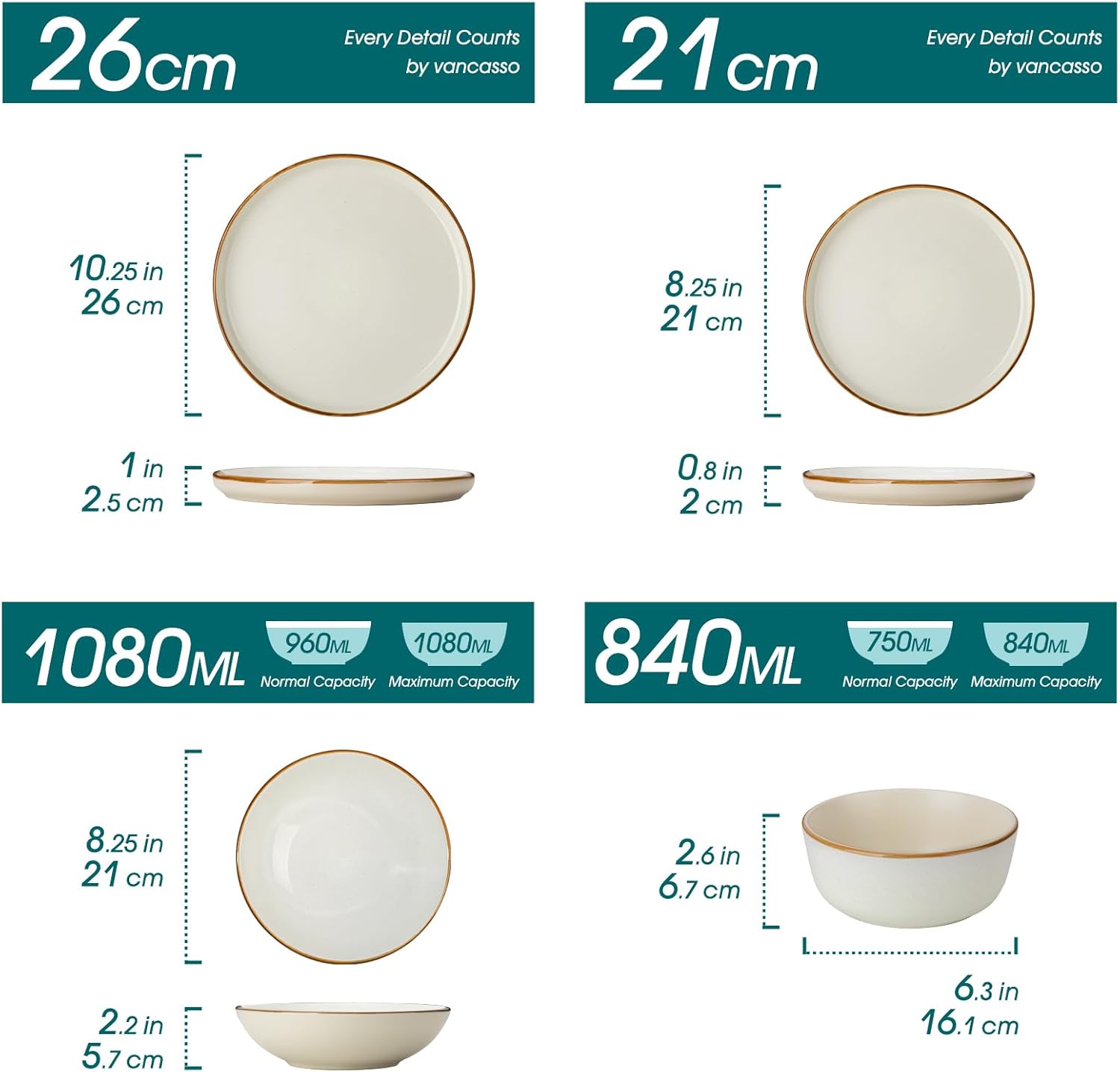 vancasso Reno Stoneware Dinner Set for 6, 24 Pieces Plates and Bowls Set with Dinner Plates, Dessert Plates, Cereal Bowls & Soup Bowls, Beige Speckled Crockery Set, Chip & Scratch Resistant - Image 2