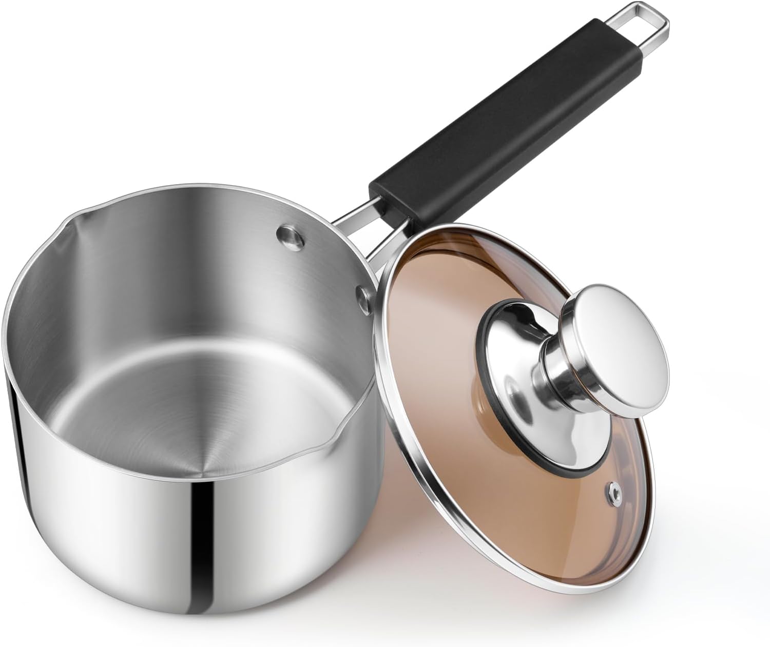 Homikit 14cm Tri-Ply Saucepan, Stainless Steel Milk Cooking Pan with Small Pouring Lips & Glass Lid, Suitable for Induction, Gas & Electric Hobs, Healthy, Mirror Finished & Easy Clean - 1 L