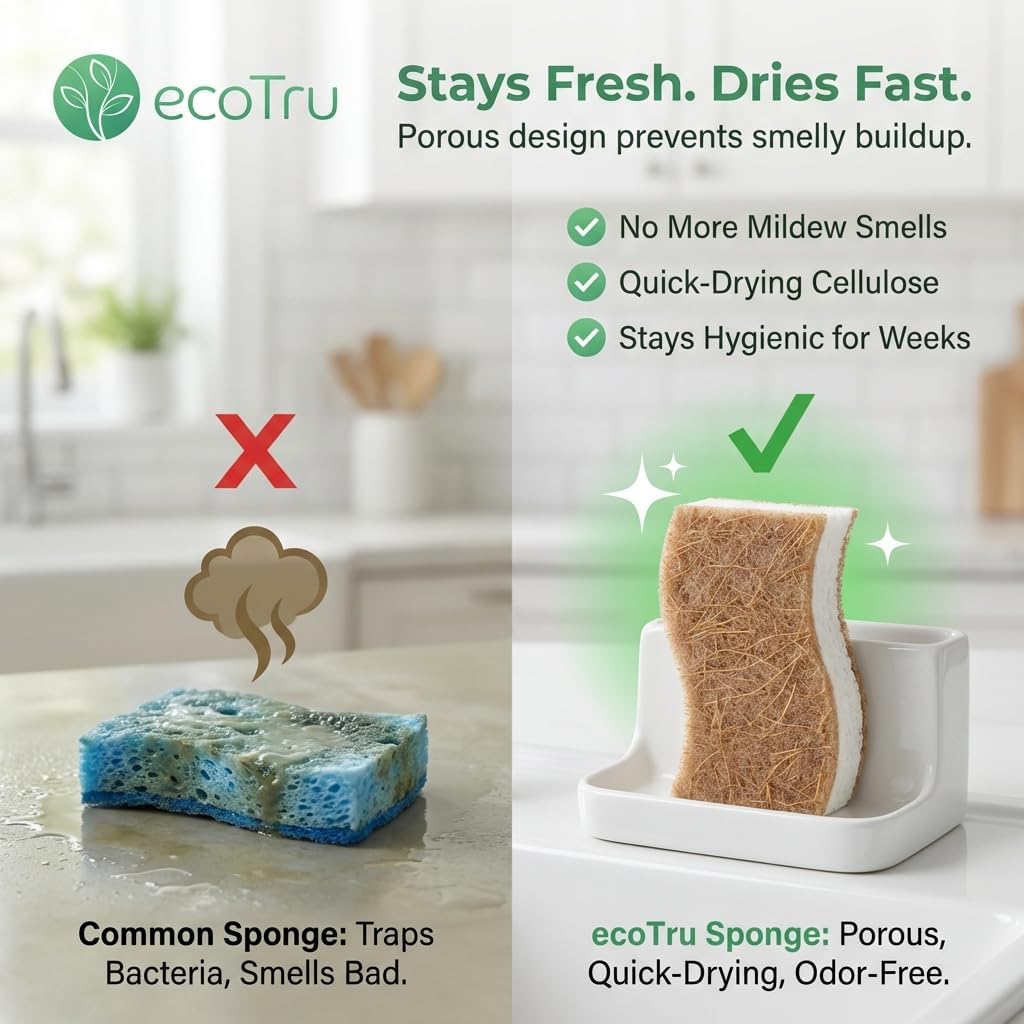 6 Pack Natural Washing Up Sponge, UK Brand Eco Friendly Kitchen Dish Cleaning Sponges, Compostable Cellulose & Coconut Eco Sponges & Scourers, Biodegradable Non Scratch for Heavy Duty Scrubbing - Image 7