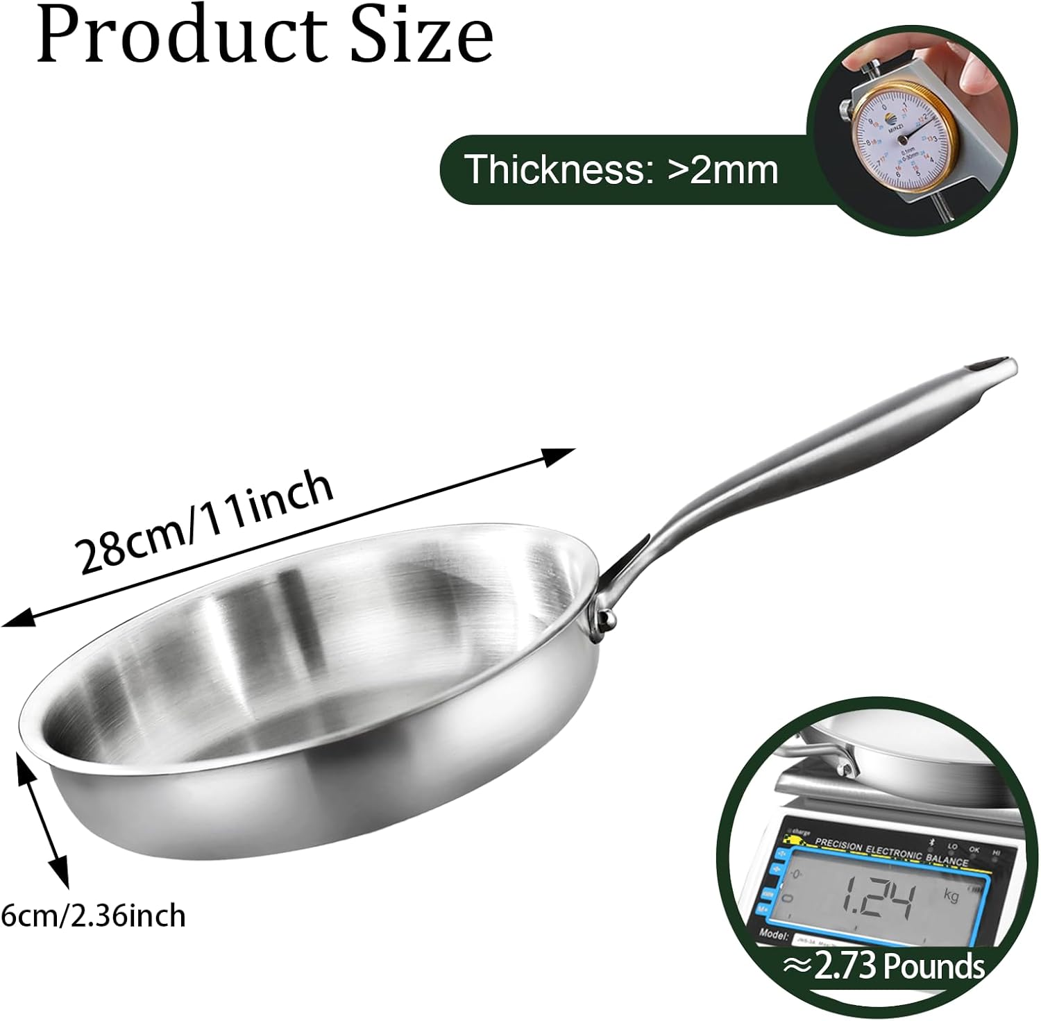 Tri-Ply Stainless Steel Frying pan 28cm, 18/10 Cooking Surface, PFOA Free, Durable and Sturdy, 11" Stainless Steel Pan, Fast & Even Heat, Induction, Electric, Gas, Oven Up to 315℃ - Image 2