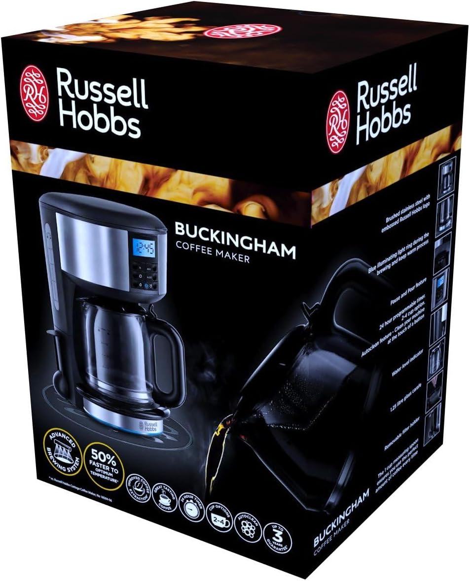 Russell Hobbs Buckingham Filter Coffee Machine, 1.25L Carafe/10 Cups, 1-4 Cup Brewing Option, Fast Brew, 24hr Timer, 40min Keep Warm, Pause & Pour, Washable Filter, Auto Clean, 1000W, 20680 - Image 9