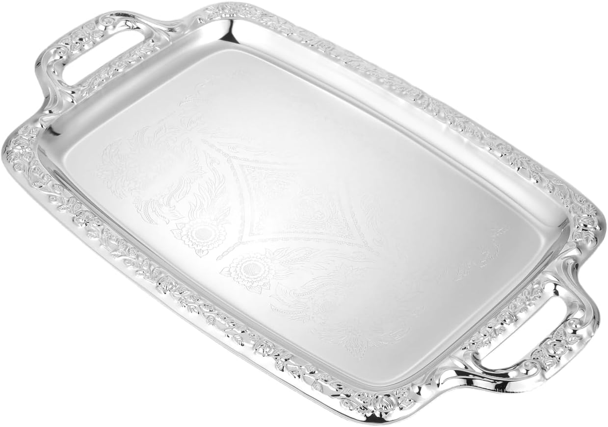 PartyKindom Serving Dishes with Handles – 15 Inch Silver Tray for Coffee Table, Large Metal Rectangle Platter for Party Food Breakfast Tea Farmhouse Home Decor
