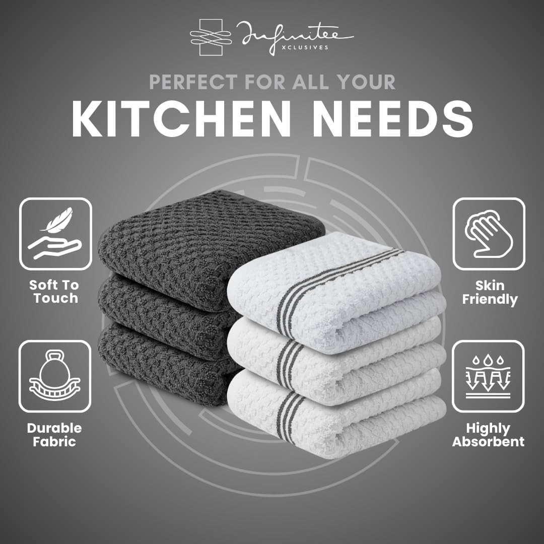 Infinitee Xclusives Premium Terry Tea Towels | Pack of 6 | 100% Cotton | 38 x 64 cm | Ultra Soft & Highly Absorbent | Dish Towels for Kitchen, Bar & Daily Household Cleaning Use | Grey - Image 7