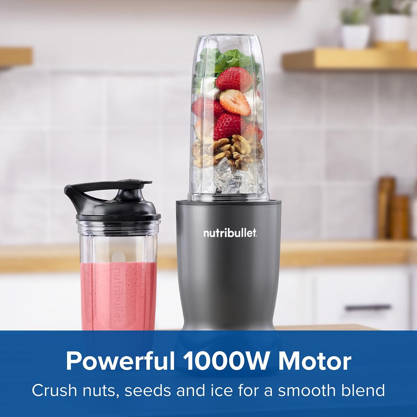 nutribullet Turbo Blender in Graphite - Powerful 1000W Motor Base & Rapid Extractor Blade - Easily Blends Frozen Fruit, Nuts & Ice - With 700ml & 500ml Cup & Lid to Go - For Smoothies & Juices - Image 2
