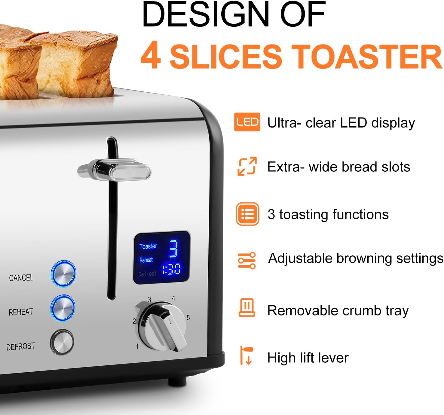 Toaster 4 Slices, Cusimax Stainless Steel Toaster with Ultra-Clear LED Display & 4 Extra-Wide Slots, Defrost/Reheat/Cancel Function, 6 Browning Settings, Removable Crumb Tray, Black - Image 2