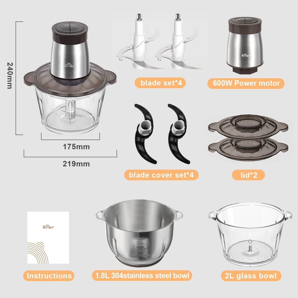 Bear 2L+1.8L 600W Electric Food Processors & Chopper with Glass Container and 304 Stainless Steel Container, 2 Speed Settings, 4 Stainless Steel Blades for Chopping Meat, Baby Food, Fruit, Vegetable - Image 7