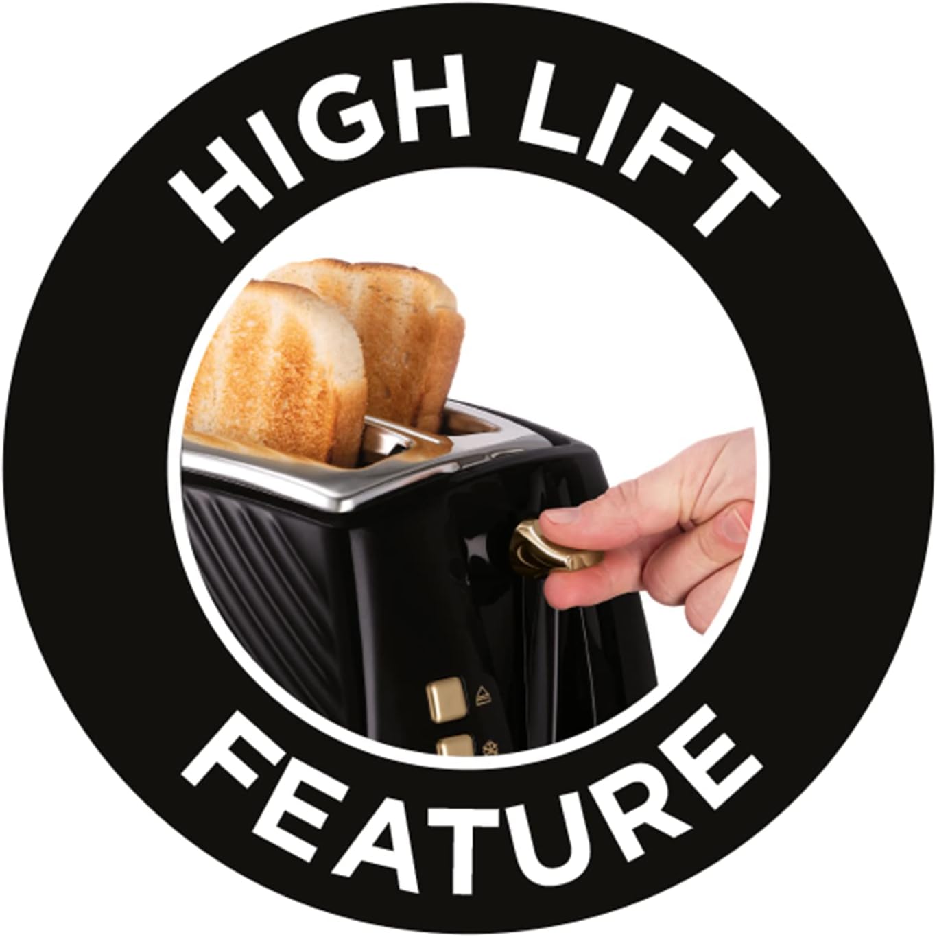 Russell Hobbs Groove 2 Slice Toaster (High Lift, Extra Wide Slots, 6 Browning levels, Frozen/Cancel/Reheat function - Illuminated buttons, Removable crumb tray, 850W, Black, Brushed gold accents)26390 - Image 6