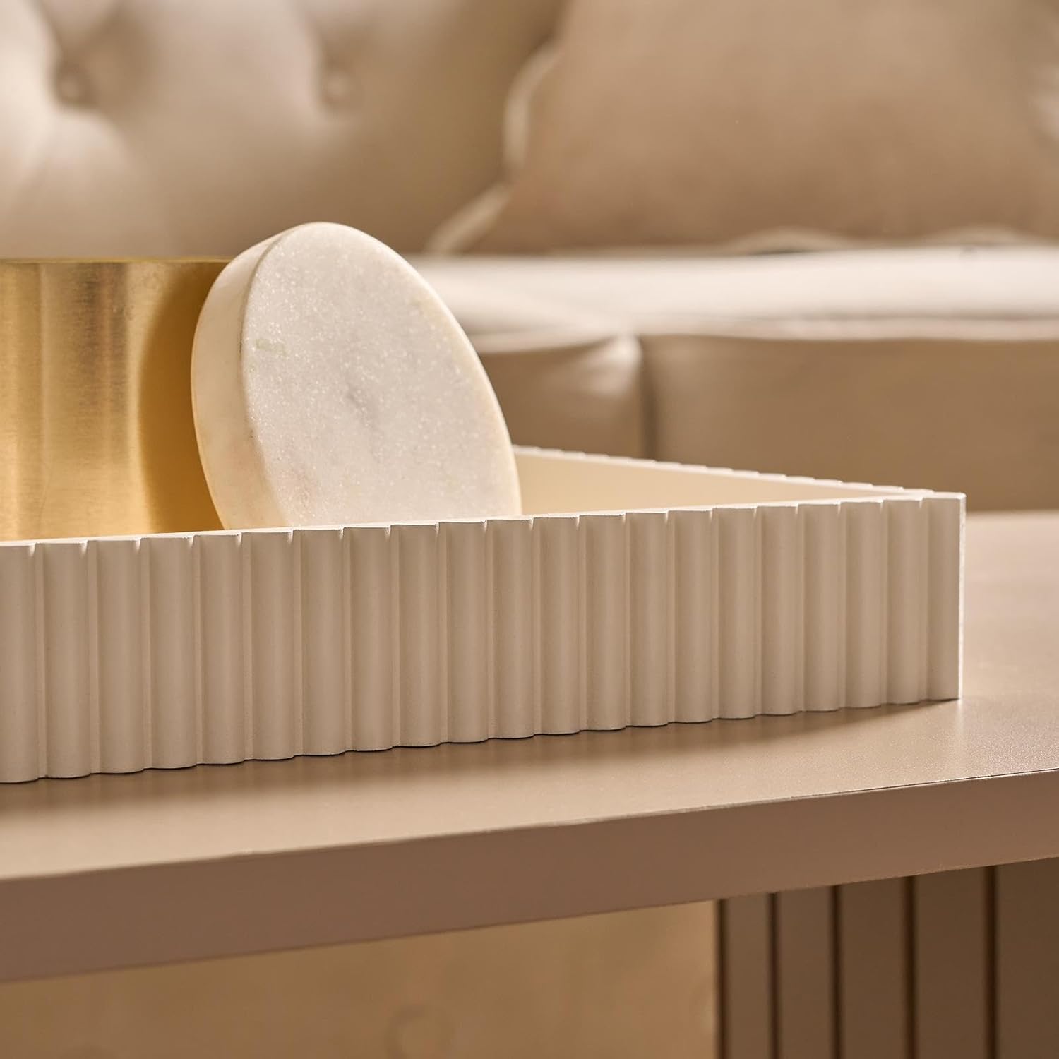 OHS Rectangle Decorative Tray, Ribbed Coffee Table Tray Modern Centrepiece Decoration Kitchen Counter Candle Holder Plastic Organiser Accessory Trays, Cream - Image 2