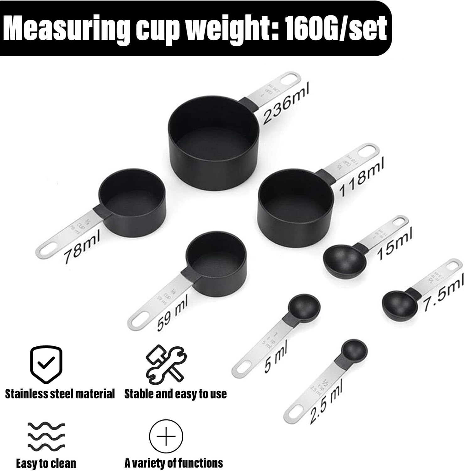 Measuring Cups and Spoons Set of 8 Pieces, Nesting Measuring Cups for Measuring Dry or Liquid Ingredients, Small Teaspoon with Plastic Head for Cooking Kitchen (Black) - Image 2