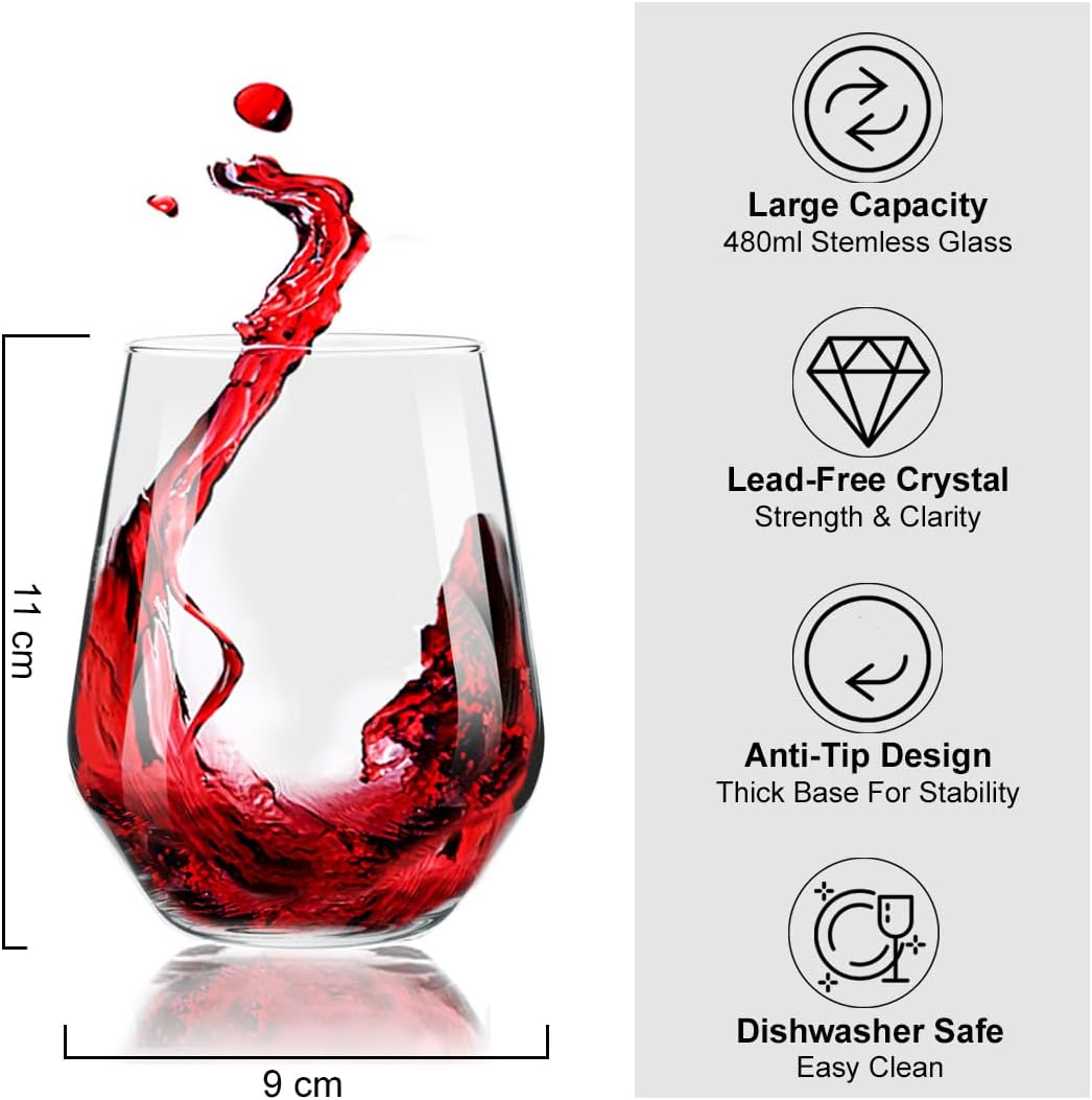 Flow Barware 480ml Stemless Wine Glasses for Red, White, Rose, Gin or Water | Set of 6 No Stem Crystal Tumbler Drinking Glasses - Image 3