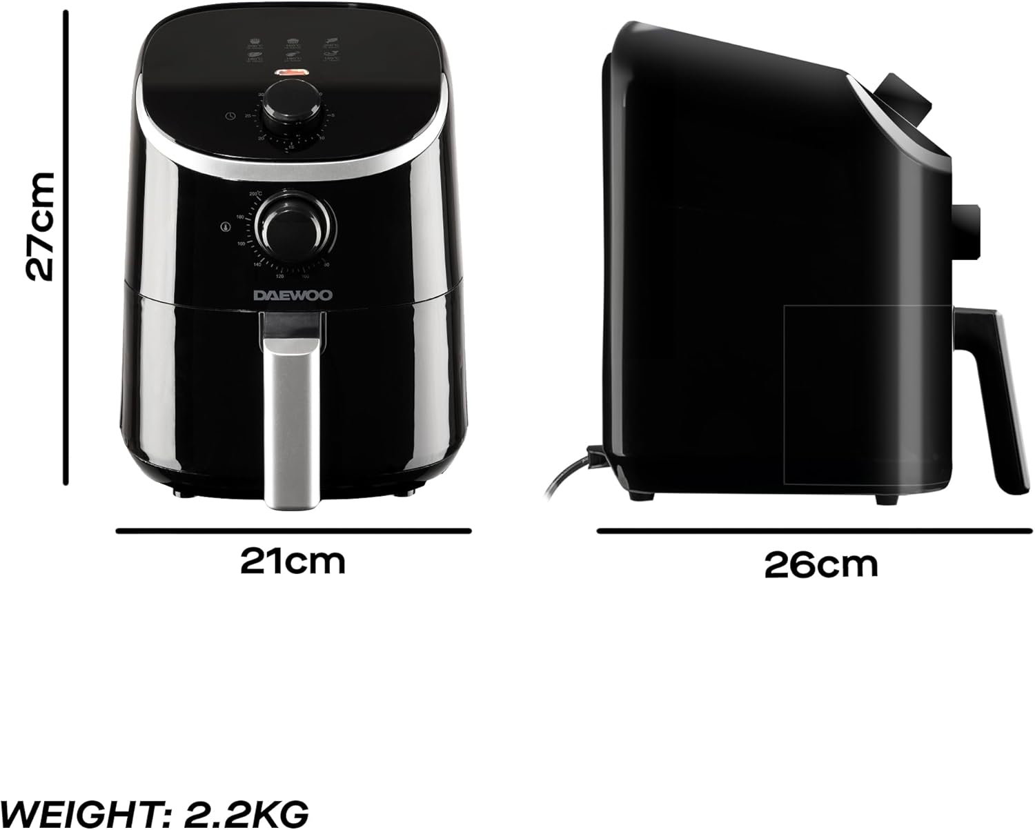 Daewoo 2L Compact Manual Air Fryer – Space-Saving Mini Air Fryer with 80-200°C Temperature Control, 30-Minute Timer, Energy Efficient, Oil-Free Cooking, Healthy Frying for Small Households - Image 4