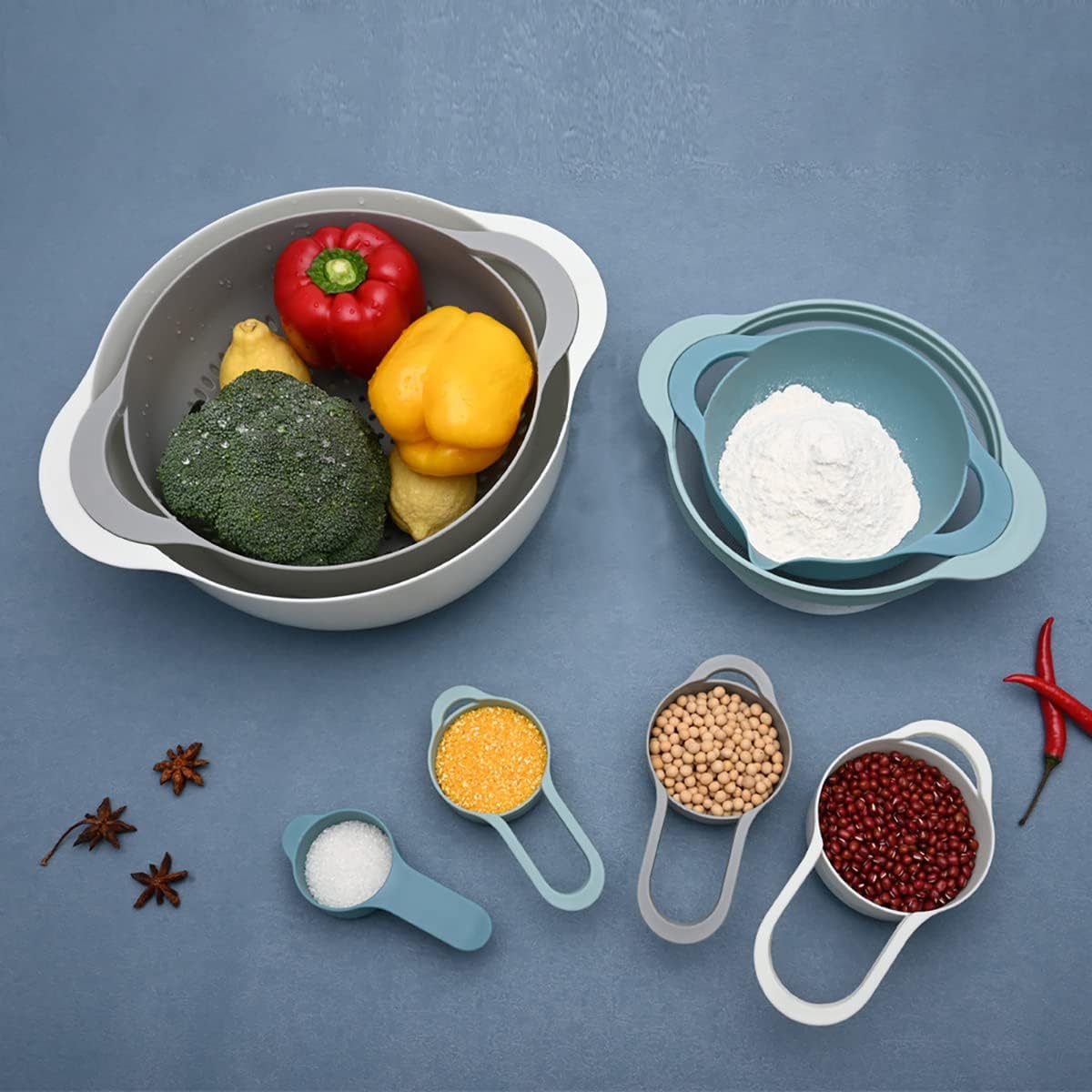 Plastic Nesting Bowls Set with Mixing Bowls,Colanders,4 Measuring Cups,Sifter for Baking,Food Prep,RV Camping Accessories,8 Pieces - Image 5