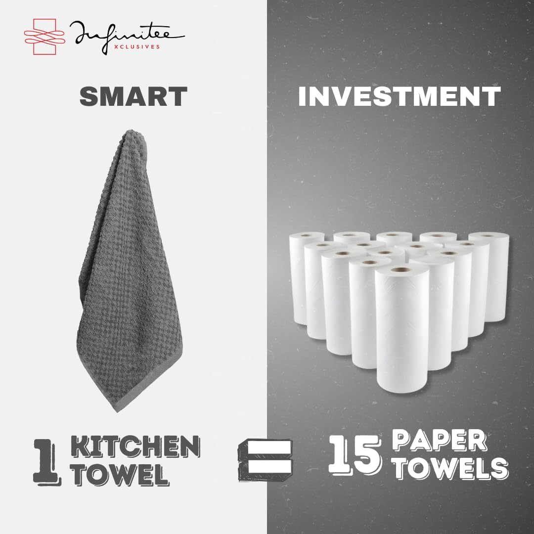Infinitee Xclusives Premium Terry Tea Towels | Pack of 6 | 100% Cotton | 38 x 64 cm | Ultra Soft & Highly Absorbent | Dish Towels for Kitchen, Bar & Daily Household Cleaning Use | Grey - Image 8