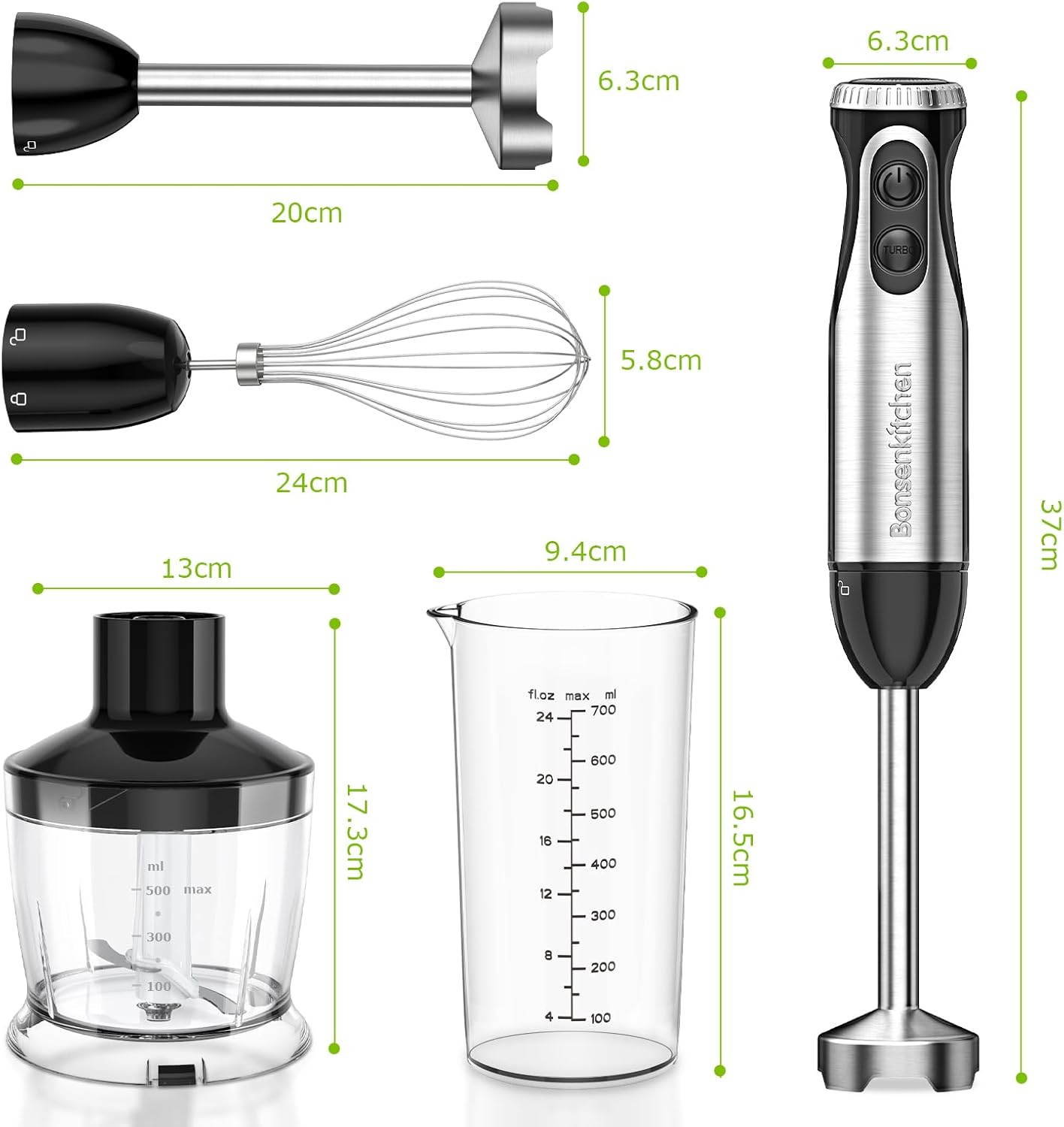Bonsenkitchen Stainless Steel Hand Blender, 4-in-1 Stick Blender 1000W, 20 Speed Adjustable, with Whisk, 500ml Chopper and 700ml Measuring Cup, Food Processor (HB3203) - Image 7