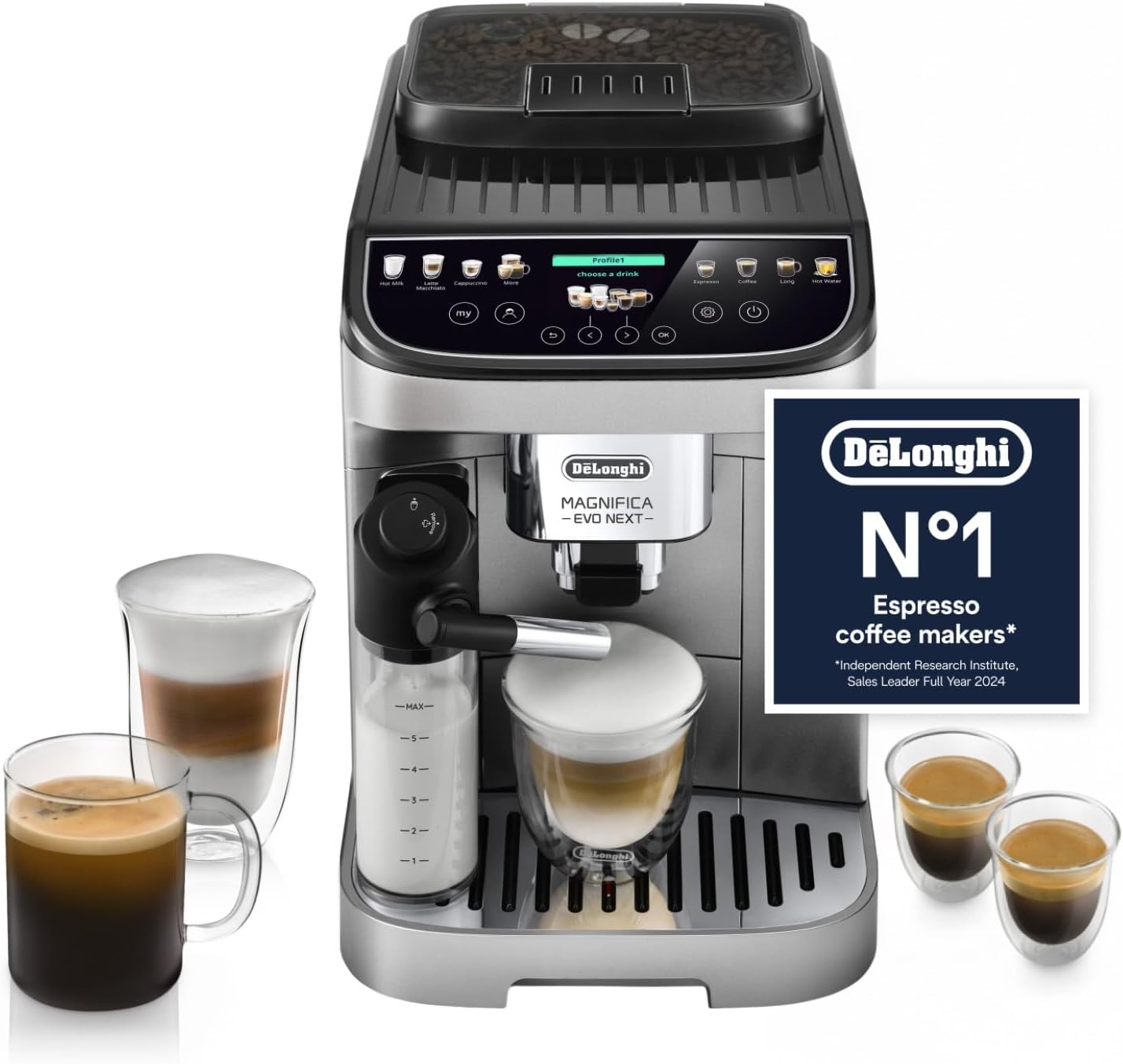 De’Longhi Magnifica Evo Next - Perfetto Automatic Coffee Machine with LatteCrema Automatic Milk Frothing, 13 One-Touch Drinks, Colour Touch Display, Silver Black (ECAM310.80.SB)