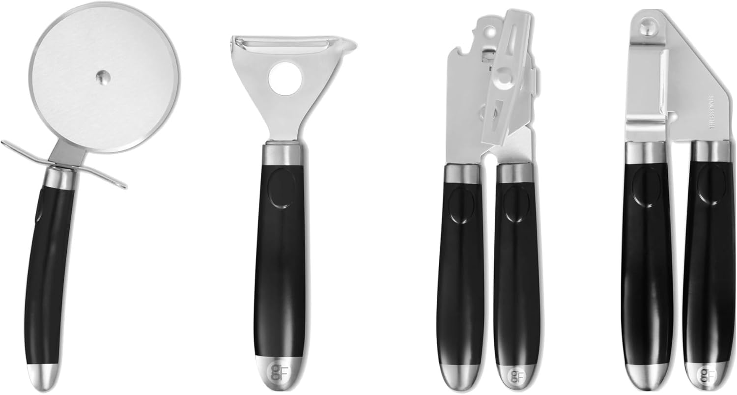Good Food in Partnership with Tower 4Pc Gadget Set, Pizza Cutter, Y Peeler, Can Opener, Garlic Press, Stainless Steel Heads, Black, GF832253