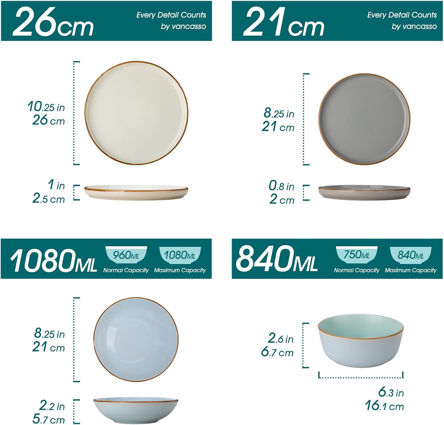 vancasso Reno Stoneware Dinner Set for 6, 24 Pieces Plates and Bowls Set with Dinner Plates, Dessert Plates, Cereal Bowls & Soup Bowls, Speckled Crockery Set in Mixed Colors, Chip & Scratch Resistant - Image 2