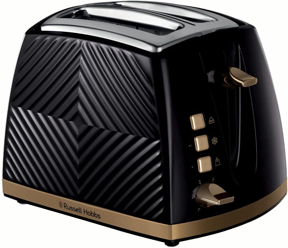 Russell Hobbs Groove 2 Slice Toaster (High Lift, Extra Wide Slots, 6 Browning levels, Frozen/Cancel/Reheat function - Illuminated buttons, Removable crumb tray, 850W, Black, Brushed gold accents)26390