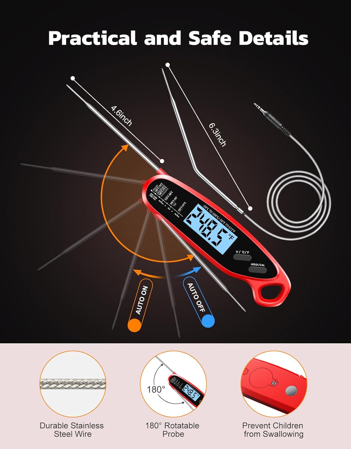 Babacom Meat Thermometer Digital with Dual Probes, Fast Instant Read Food Thermometer, Big Backlight Screen & Calibration, Kitchen Cooking Oven Thermometer for Oil, Candy, Jam, Water, Air Fryer, BBQ - Image 5