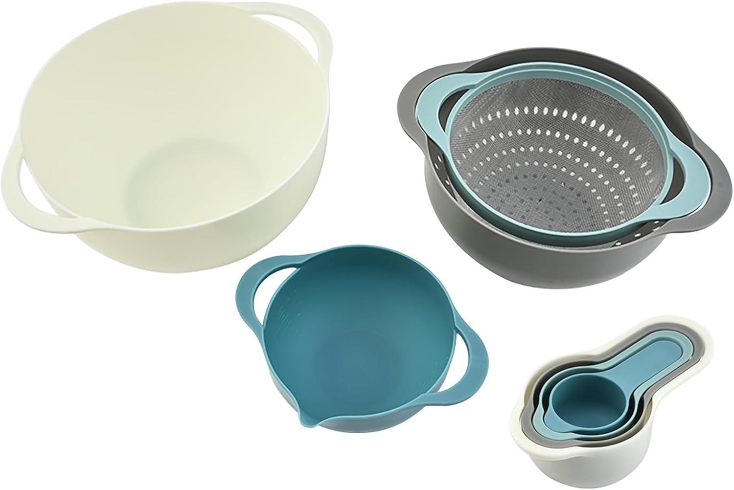 Plastic Nesting Bowls Set with Mixing Bowls,Colanders,4 Measuring Cups,Sifter for Baking,Food Prep,RV Camping Accessories,8 Pieces