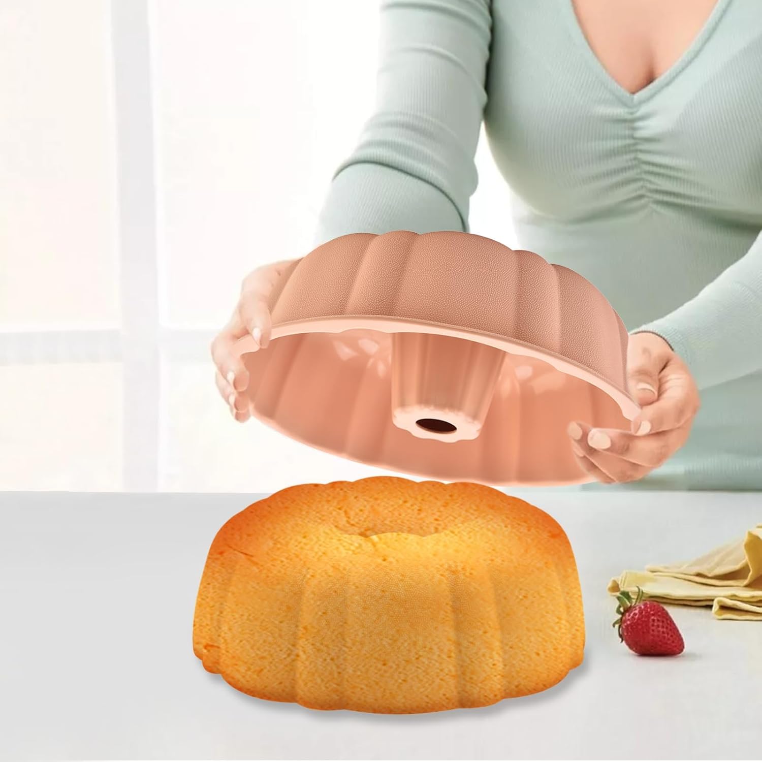 24cm/9.6in Non-Stick Fluted Cake Tin, Round Baking Tin, Cake Mould Baking Pan, Ring Cake Mould, Birthday Round Tube Moulds, Savarin Moulds for Chiffon Cake Cheesecake Gugelhupf (Pink) - Image 4