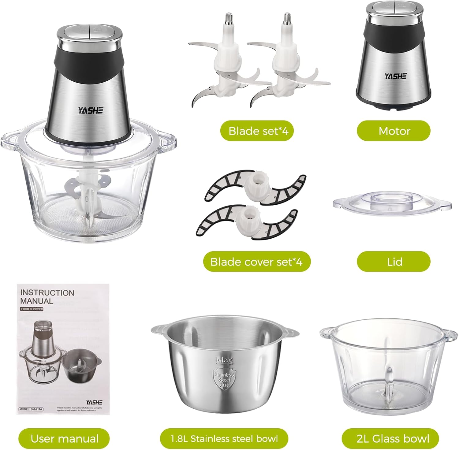 YASHE 1.8L+2L Electric Food Processors & Chopper with Glass and Stainless Steel Bowl,500W Meat Grinder with 2 Speeds, 2 Sets of Blades - Image 8