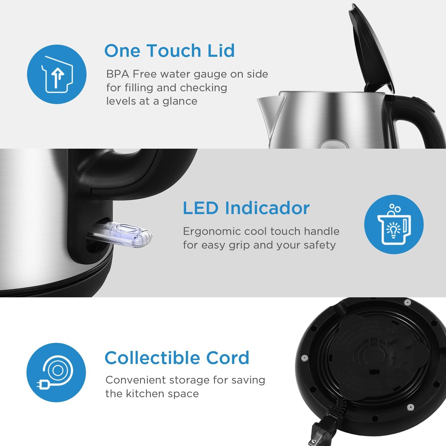 Midea Electric Kettle 3000W Fast Boil 1.7L Stainless Steel Kettle LED Indicator,Spring Lid,Removable Filter,Insulated Handle, Water Level Indicator, Dry Burn Protection,BPA-Free - Image 7