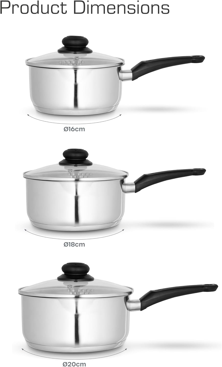 Swan Townhouse 3 Piece Stainless Steel Saucepan Set with 16/18/20cm Saucepans with Glass Lids, Suitable for All Hob Types (Including Induction), Stainless Steel - Image 6