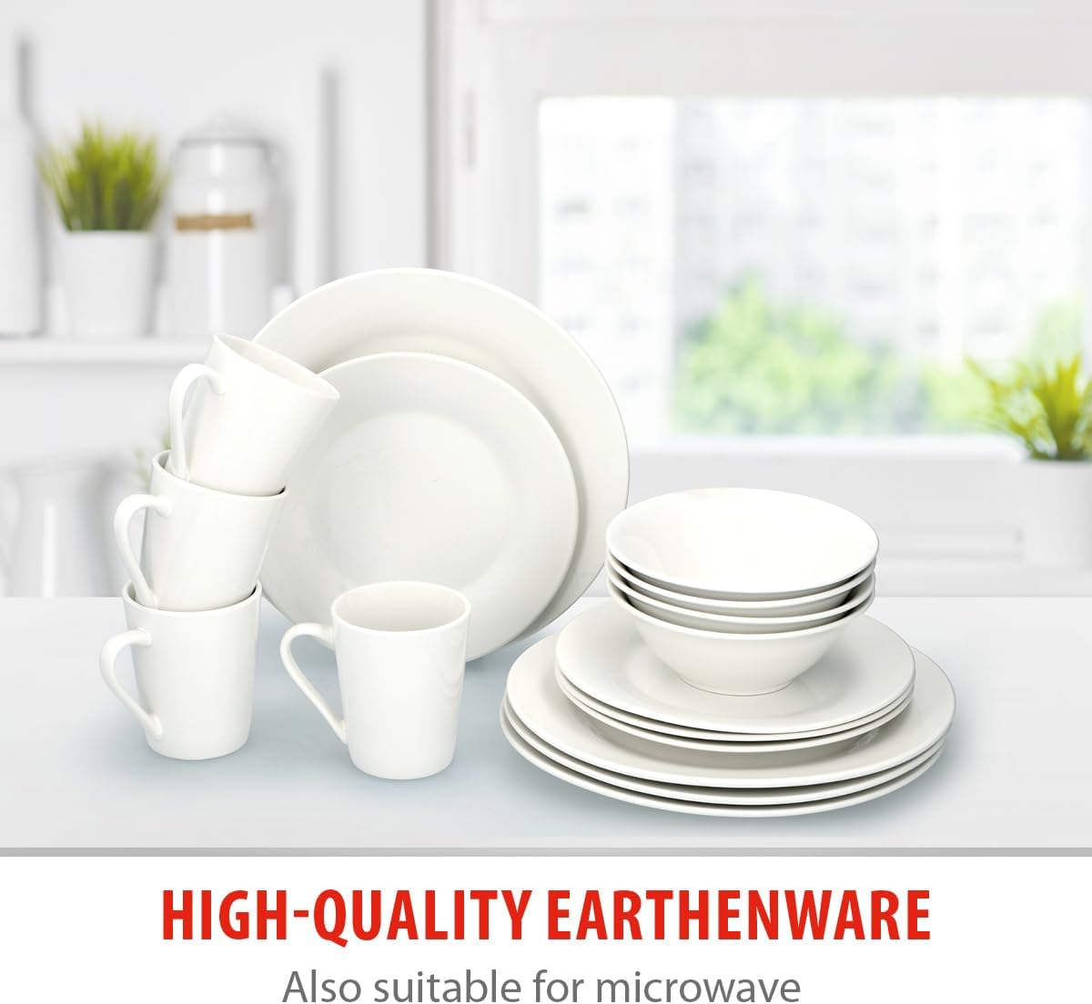 alpina Dinner Set for 4 People - Plates and Bowls Set - Earthenware Tableware - Dinner Plates, Dessert Plates, Bowls and Mugs - Microwave and Dishwasher Safe - White - Image 5
