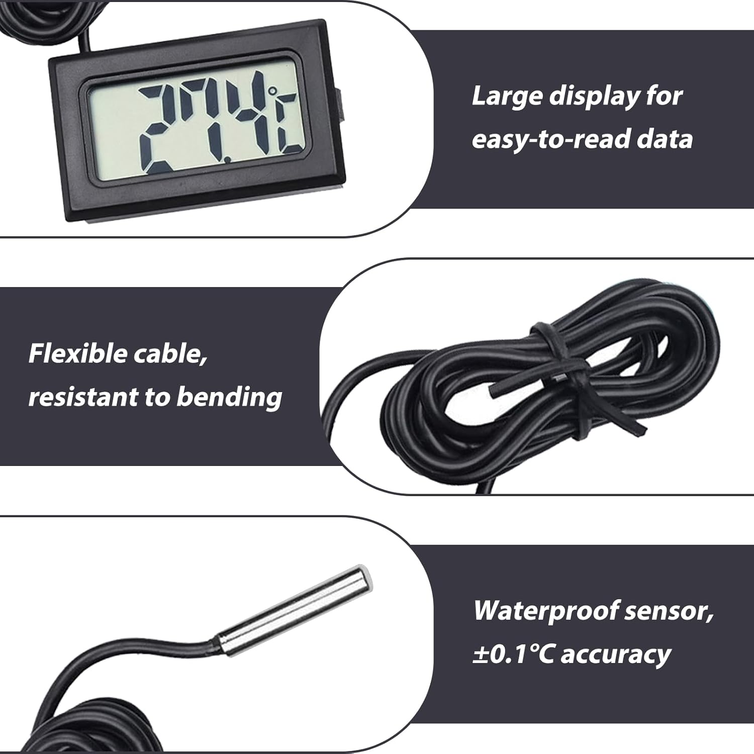 4 Pcs Digital Thermometer Temperature, Fridge Thermometer with External Probe for Fridge, Freezer, Refrigerator, Aquarium, LCD Display -50℃ to +110℃ Range, ±1.0℃ Accuracy, Compact Design, Black - Image 3