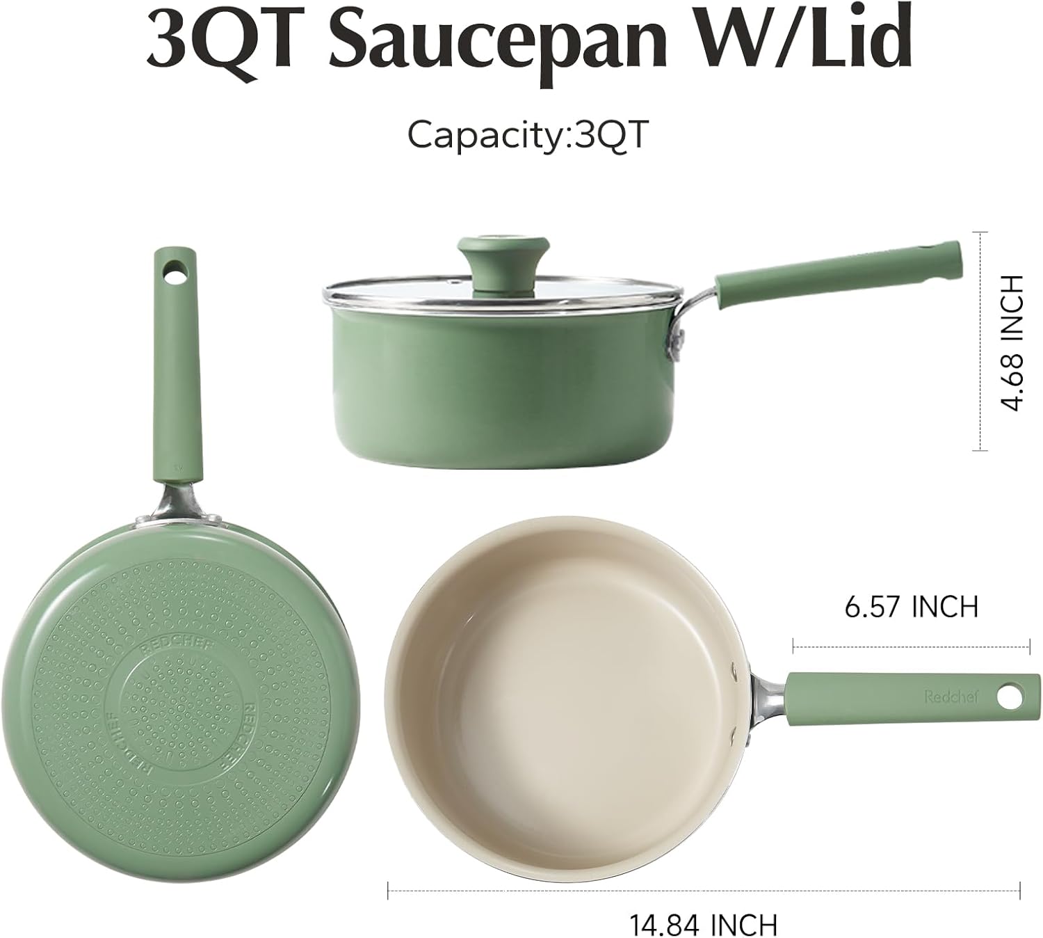 Redchef Ceramic Nonstick Saucepan with Lid,20cm Small Cooking Pot,Non Toxic Sauce Pans for Kitchen, Cool Handle PFAS Free Compatible with All Cooktops, Green - Image 7