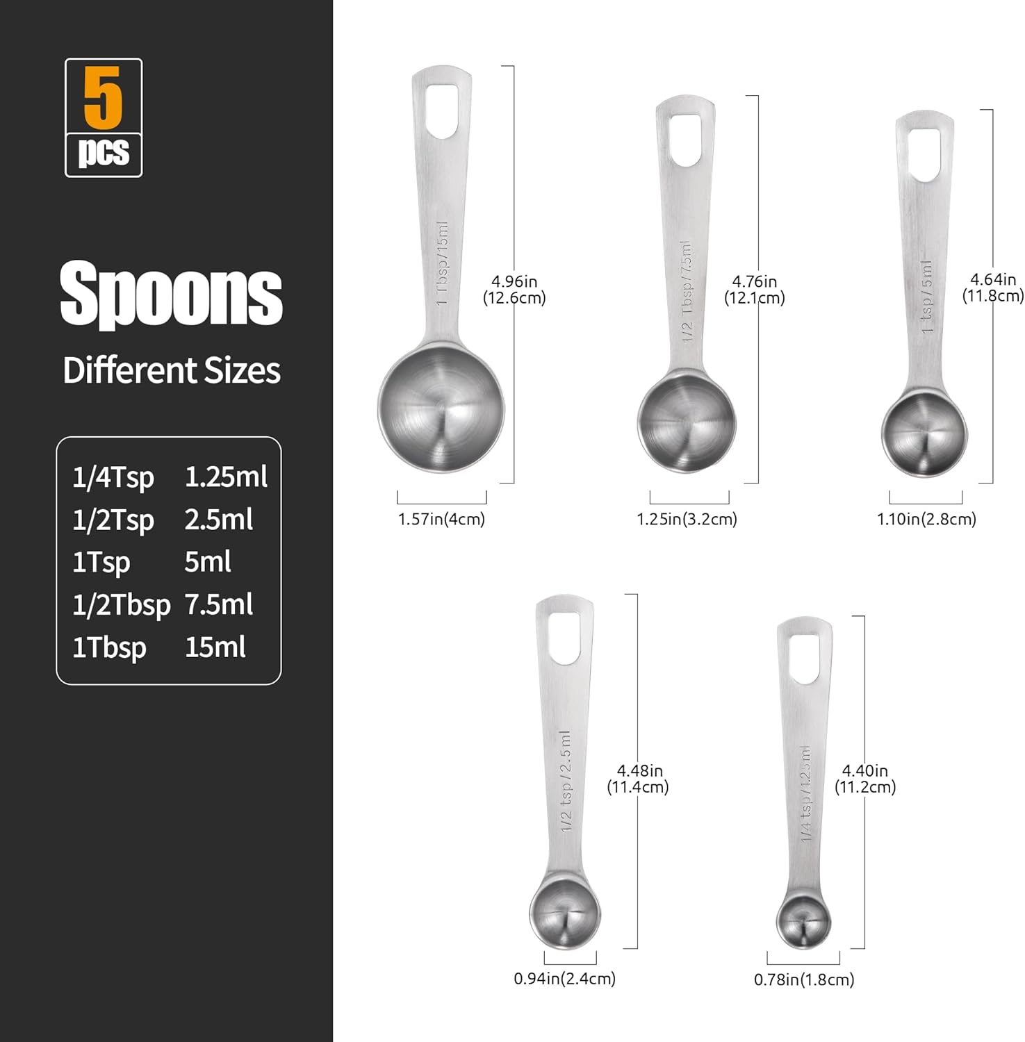 Doosu Metal Measuring Spoons Sets, 18/8 Stainless Steel Kitchen Engraved Measure Scoop Small Measure Teaspoons Tablespoon TSP Tbsp for Serving Baking Cooking Dry and Liquid (Round, 5 Piece) - Image 2