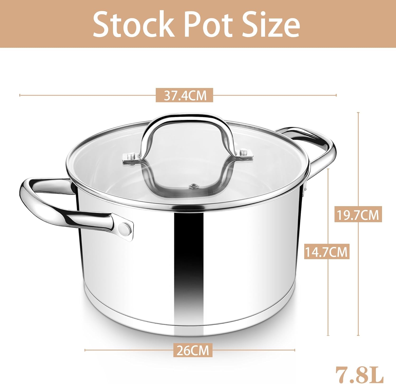 Herogo 7.8L Stock Pot, Stainless Steel Soup Pot with Clear Visible Lid, 26cm Induction Stockpot for Soup, Tri-Ply Bottom for All Stoves, Heavy Duty For Stewing/Cooking, U-shaped Handle, Silver - Image 2
