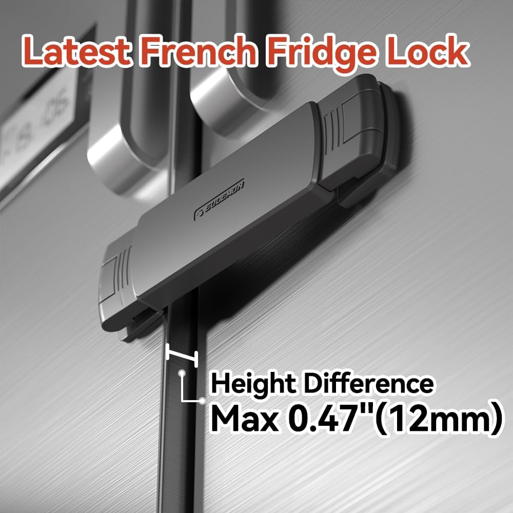 EUDEMON Latest French Fridge Lock French Door Refrigerator/Freezer Lock Apply to Max 3.54"(90mm) Two Door Gap Distance for Kids & Babies,Easy to Install no Tools Need or Drill (Black, 2 Pack) - Image 4