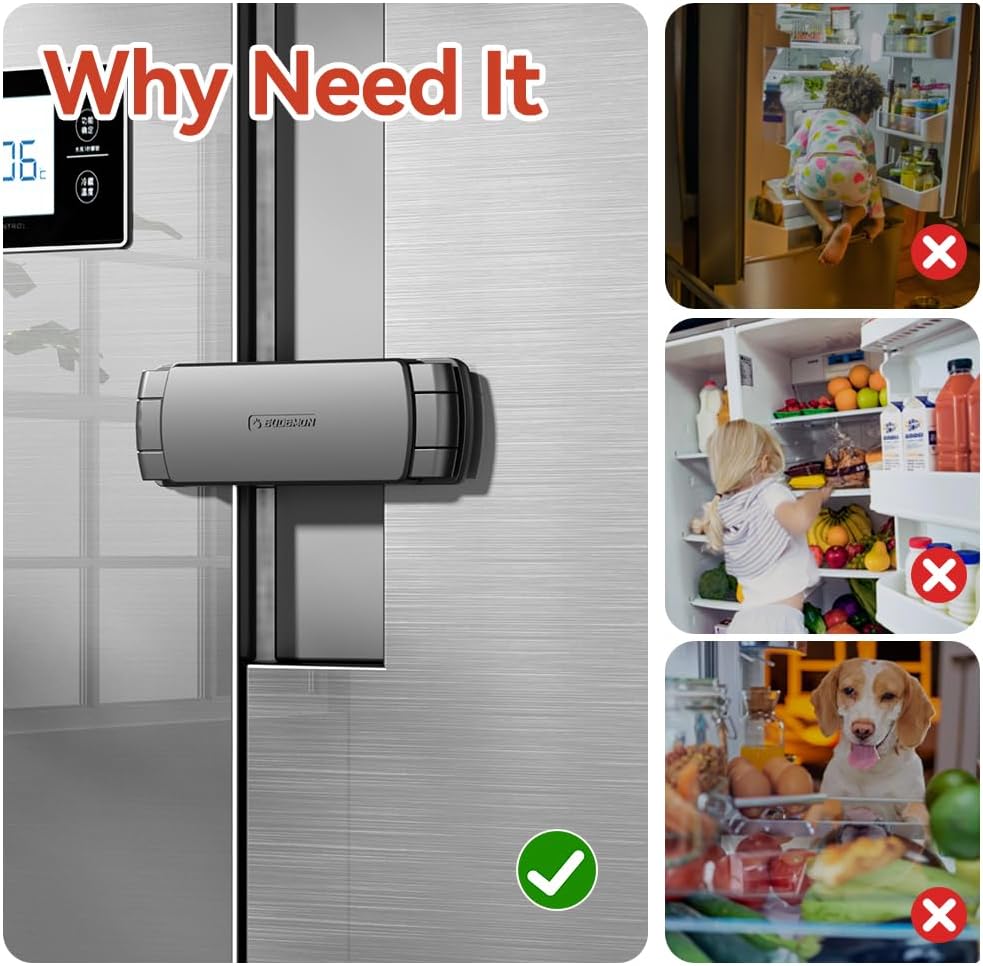 EUDEMON Latest French Fridge Lock French Door Refrigerator/Freezer Lock Apply to Max 3.54"(90mm) Two Door Gap Distance for Kids & Babies,Easy to Install no Tools Need or Drill (Black, 2 Pack) - Image 2