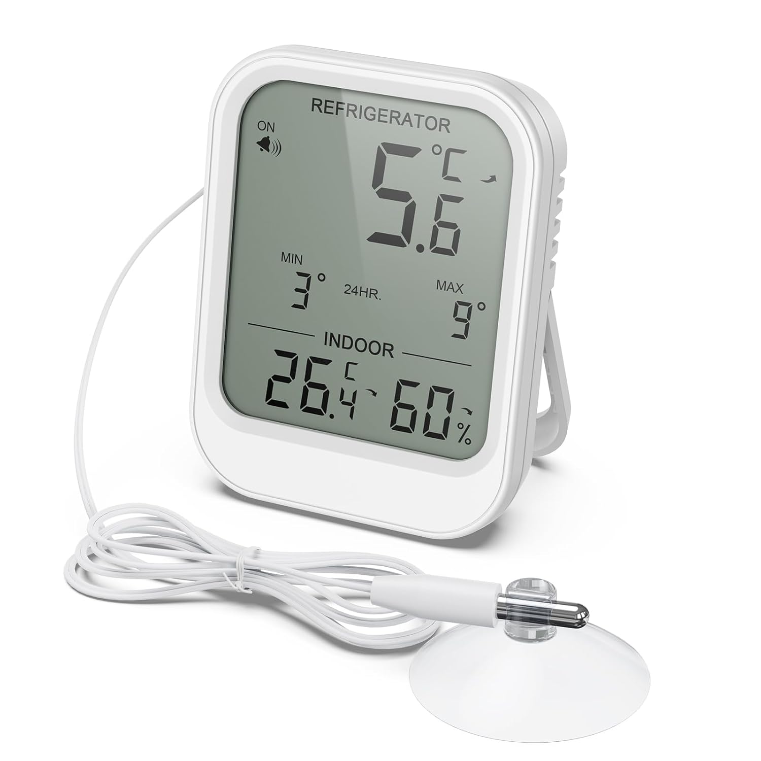 ORIA Refrigerator Thermometer with Waterproof Probe, Digital LCD Thermometer Temperature Monitor with Suction Cup, Temperature Alarm, Min/Max Value, 3 Mounting Options, for Fridge