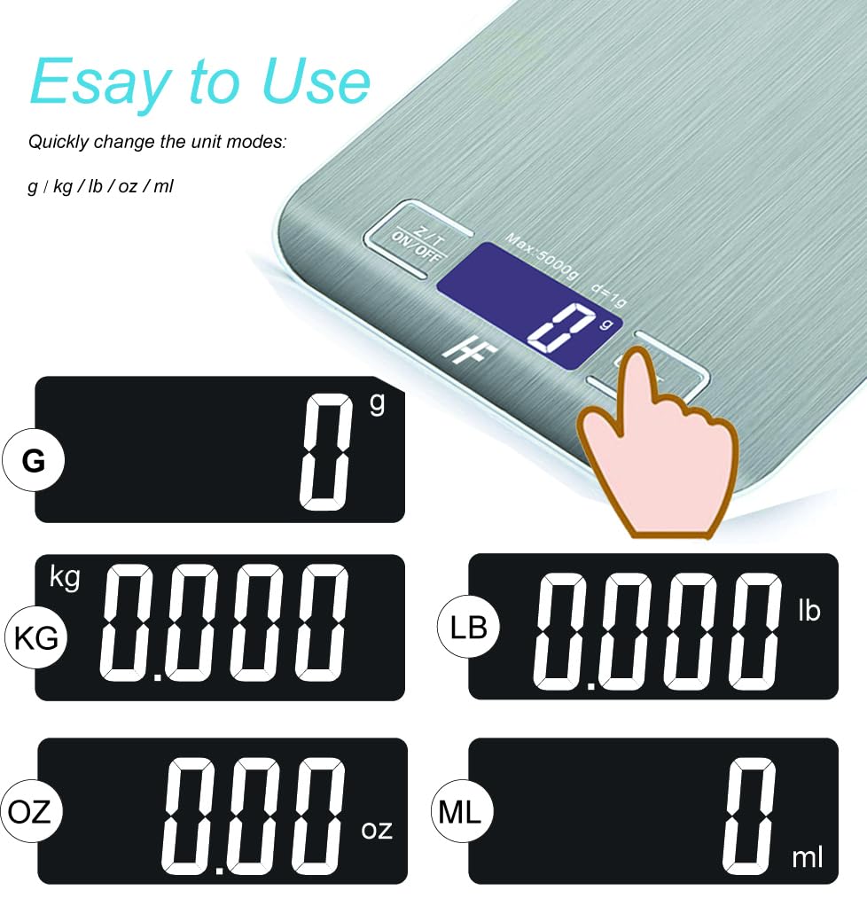 HomeFashion 5kg 1g 11lb Digital Kitchen Scales Food Scale with stainless steel Platform Electronic Cooking Backlit LCD Display Multifunction for Home and Office Use - Image 6